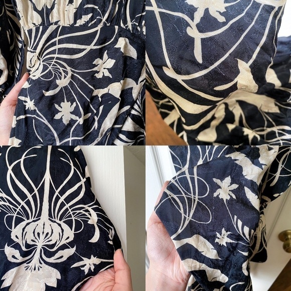 Johanna Ortiz Dress Floral Ruffle Long-Sleeve Jacquard Midi Ecru Black 0 FLAW - Picture 4 of 11